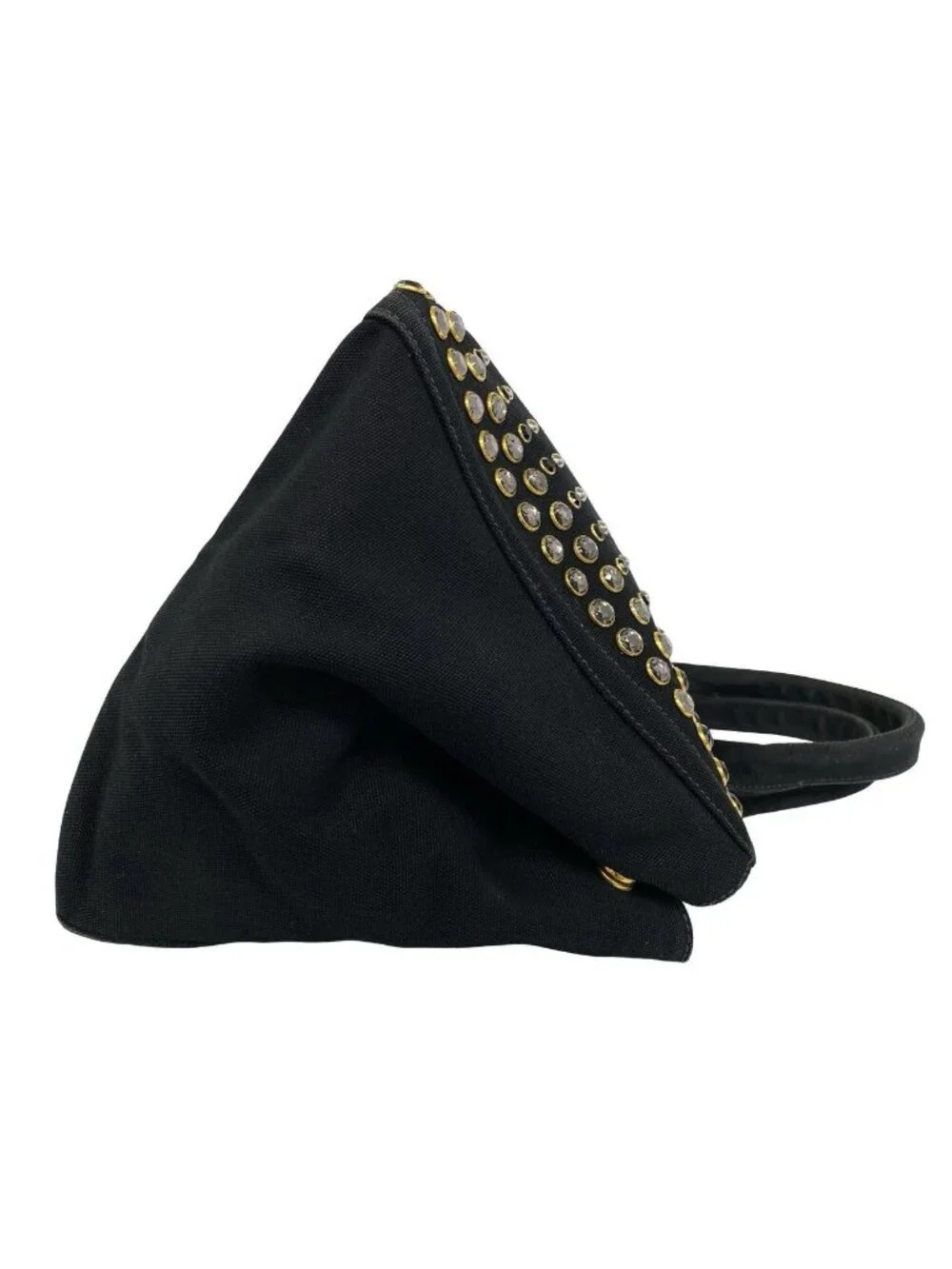 Prada Canapa Triangle Logo Canvas Saffiano Leather Studs Tote Handbag Black